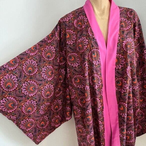 Vintage Handmade Unisex Japanese Style Pink Paisley One Size Kimono Robe - Picture 2 of 14